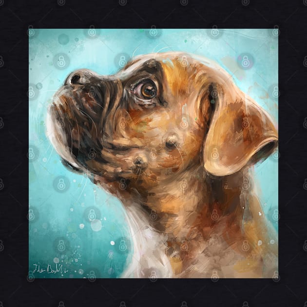 Painting of a Brown and White Boxer Dog on Green Background by ibadishi